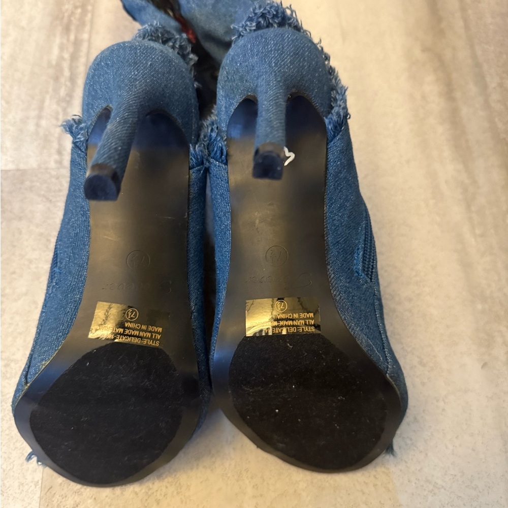 Forever 21 Blue Denim Peep-Toe Boots - Picture 7 of 8